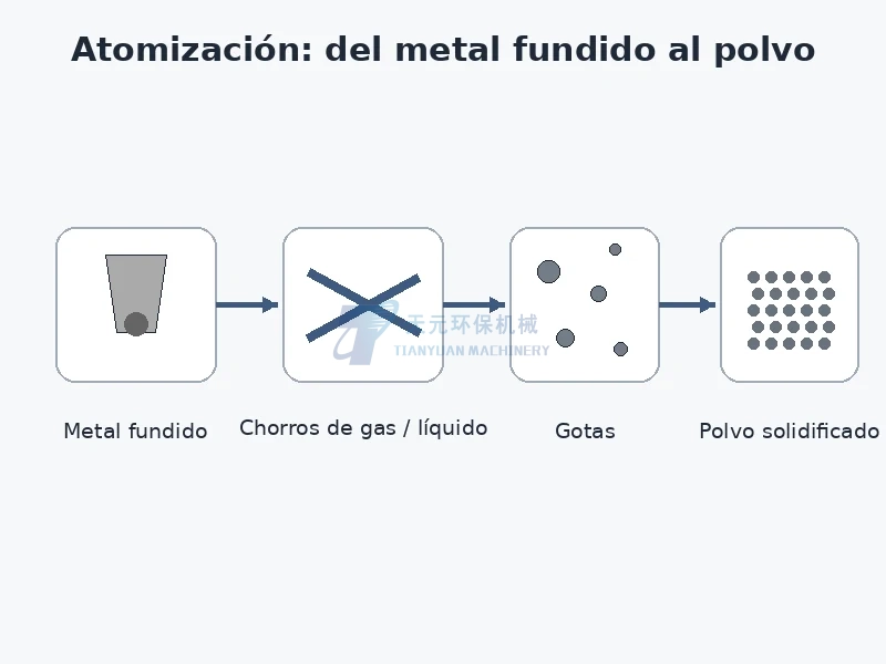 Proceso simplificado de atomización de polvo metálico desde el metal fundido mediante chorros de gas o líquido hasta el polvo solidificado