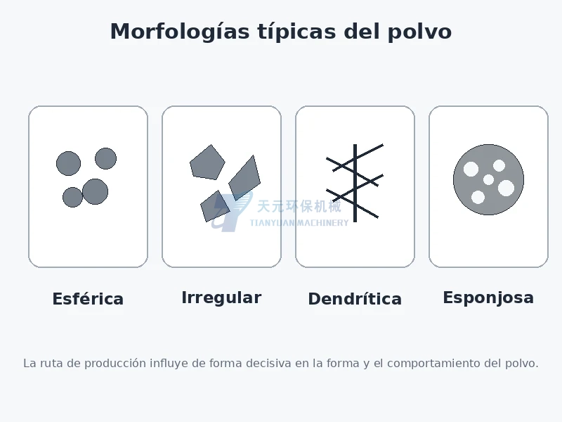 Comparación de morfologías esférica irregular dendrítica y esponjosa de partículas de polvo metálico