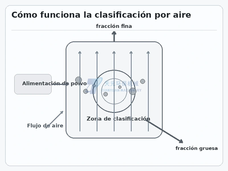 Principio de clasificación por aire con flujo de aire zona de clasificación fracción fina y fracción gruesa