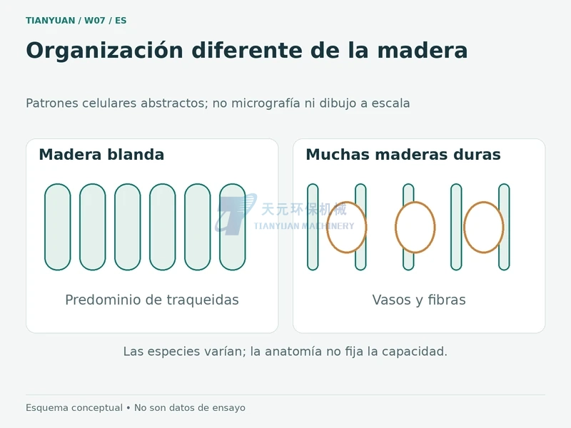 Esquema conceptual de traqueidas frente a vasos y fibras de muchas frondosas; no es una micrografía