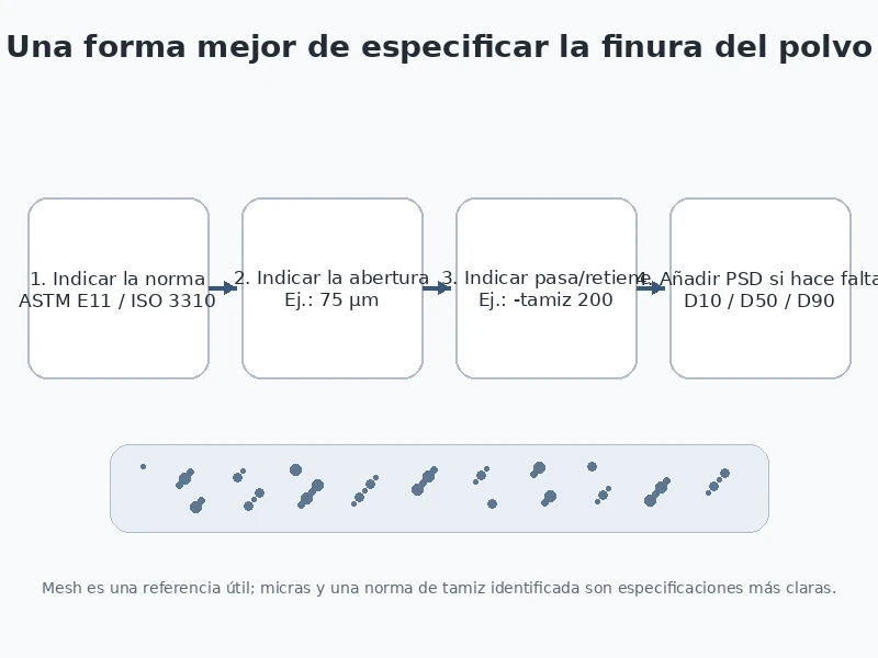 Forma recomendada de especificar la finura mediante norma de tamiz abertura requisito de paso y distribución granulométrica