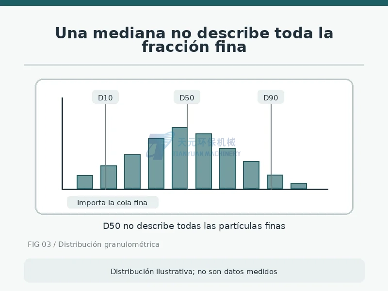 Distribución granulométrica ilustrativa con D10 D50 D90 y cola fina; no son datos de laboratorio