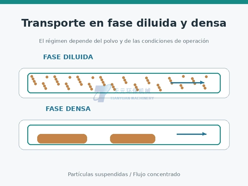 Representación conceptual de las partículas en fase diluida y en fase densa