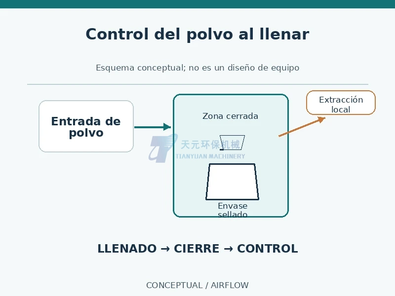 Esquema conceptual de una zona de llenado cerrada y extracción local de polvo; no representa una máquina Tianyuan