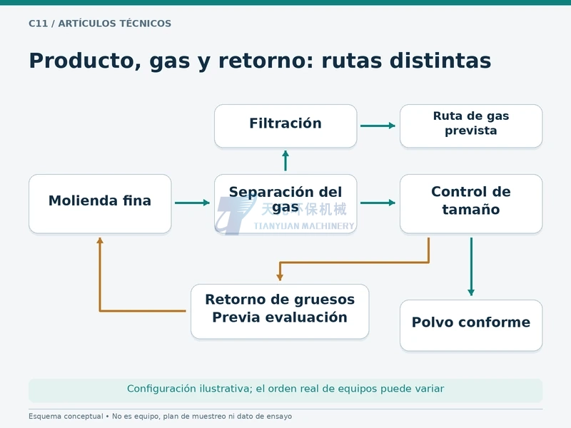 Rutas conceptuales separadas de producto, gas y retorno de material grueso