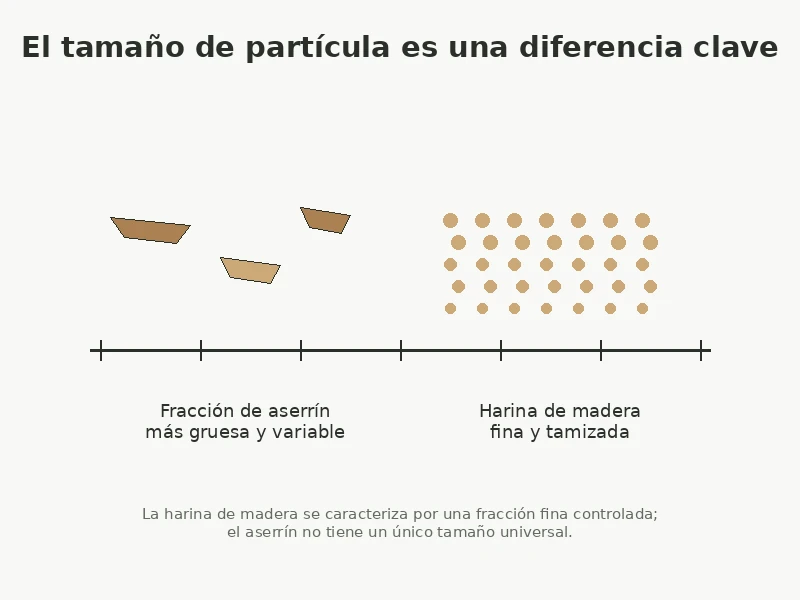 Comparación de una fracción de aserrín más gruesa y variable con harina de madera fina y tamizada
