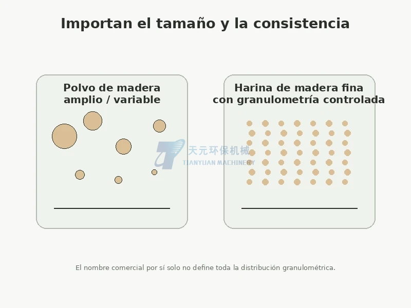Comparación de una distribución variable de polvo de madera con una harina de madera de granulometría más controlada