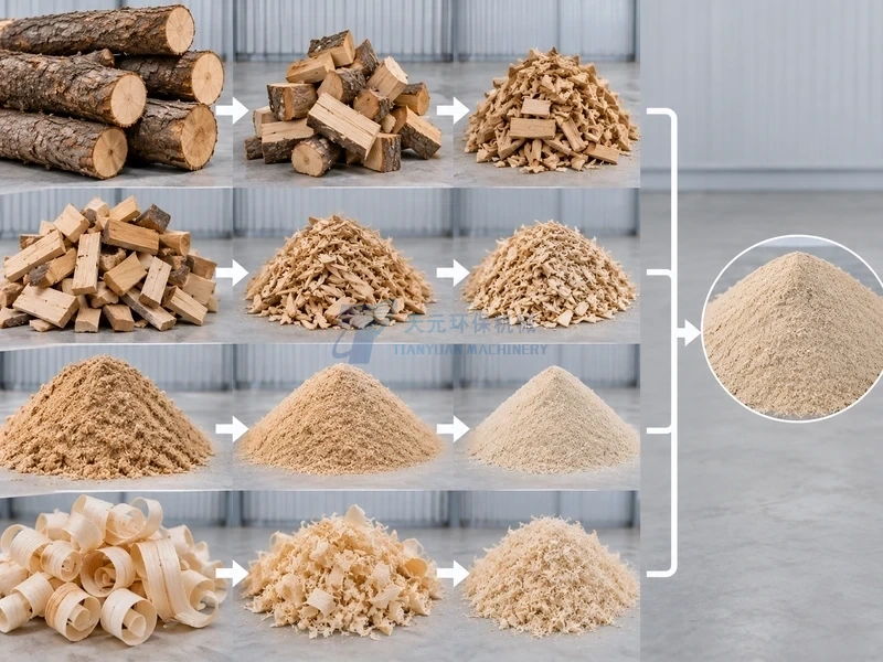 Preparación progresiva de troncos astillas serrín y virutas para producir harina de madera