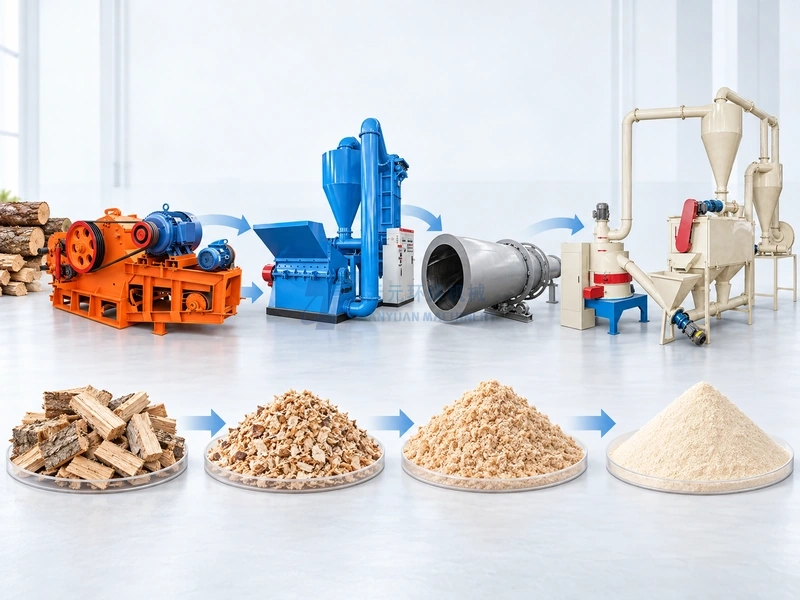 Control de calidad de harina de madera con partículas progresivamente más finas tamices clasificación y recogida